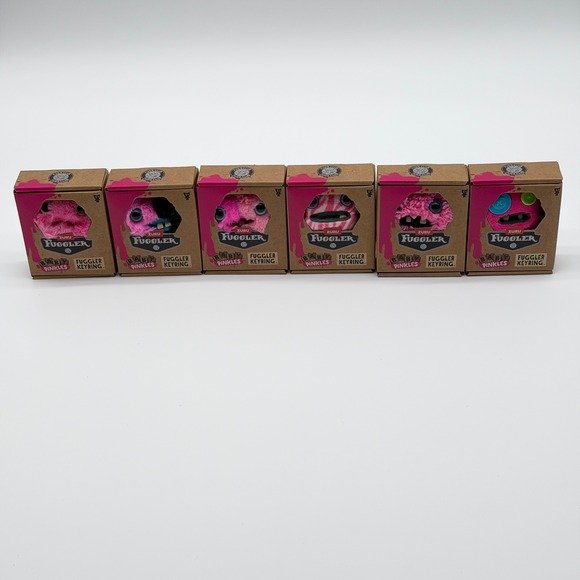 ZURU Fuggler Baby Pinkles Fuggler Keyring Plush Pink Valentine Complete Set of 6 - Picture 2 of 15